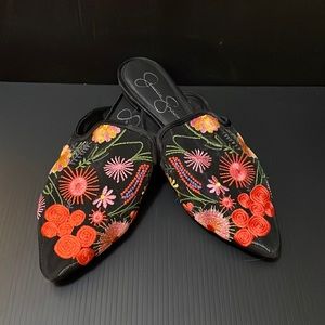 Jessica Simpson Embroidered Floral/Black Mesh Mules - 9.5